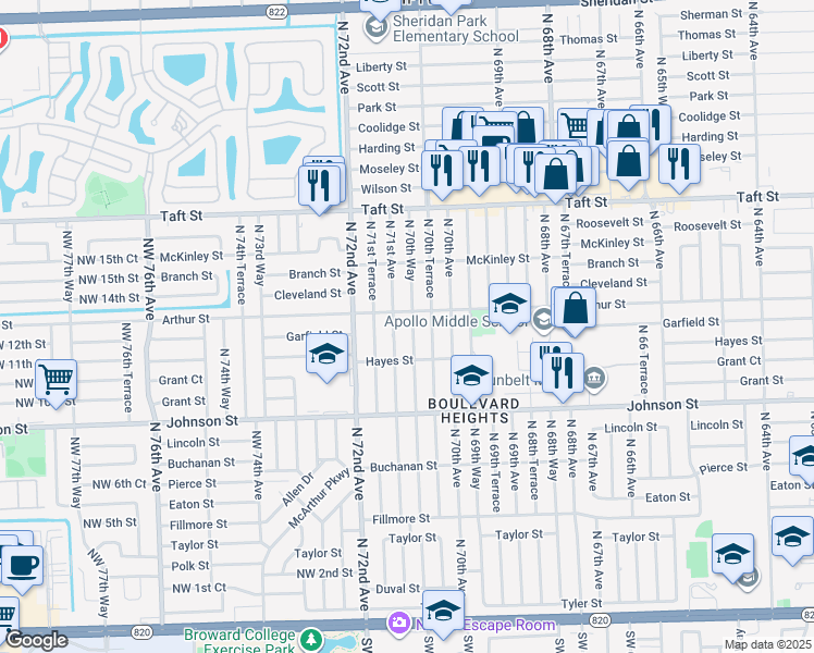 map of restaurants, bars, coffee shops, grocery stores, and more near 1231 North 71st Avenue in Hollywood