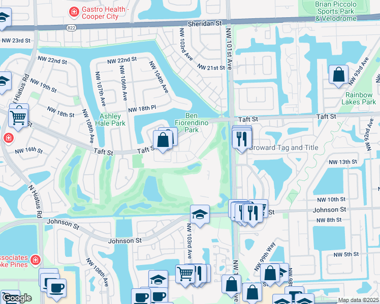 map of restaurants, bars, coffee shops, grocery stores, and more near 1551 Rue Vendome in Pembroke Pines