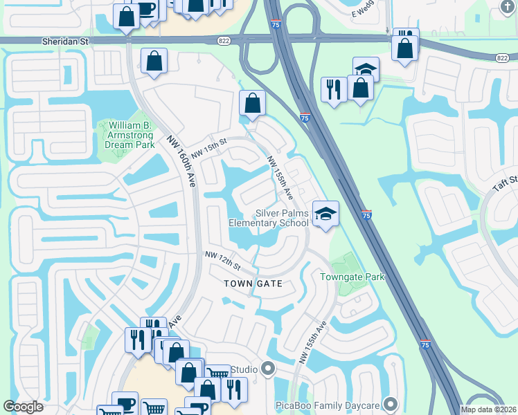 map of restaurants, bars, coffee shops, grocery stores, and more near 15677 Northwest 14th Street in Pembroke Pines