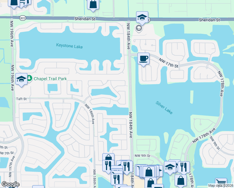 map of restaurants, bars, coffee shops, grocery stores, and more near 2042 Northwest 184th Way in Pembroke Pines