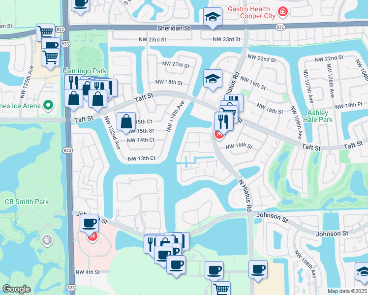 map of restaurants, bars, coffee shops, grocery stores, and more near 1588 Northwest 113th Way in Pembroke Pines