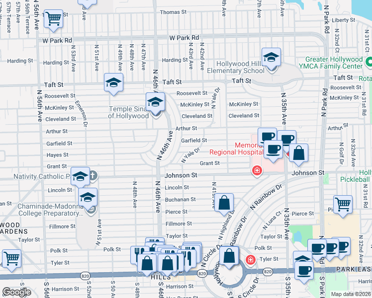 map of restaurants, bars, coffee shops, grocery stores, and more near 4311 Hayes Street in Hollywood