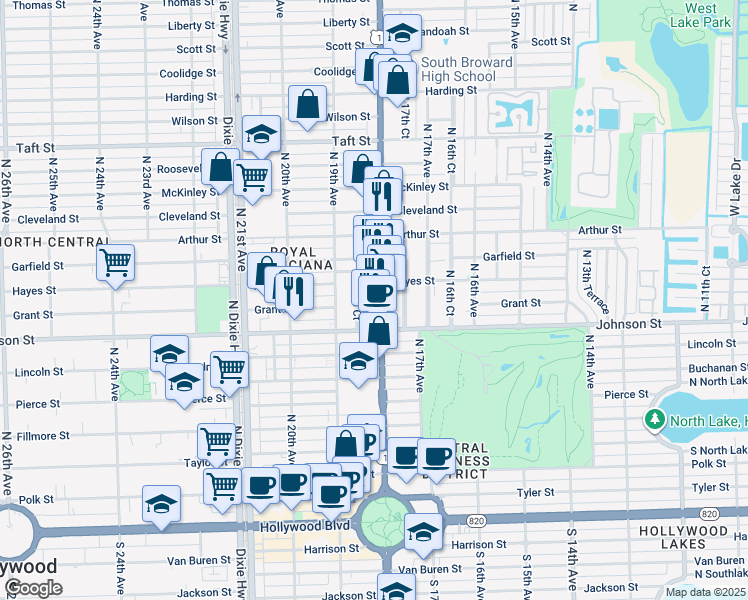 map of restaurants, bars, coffee shops, grocery stores, and more near 1050 South Federal Highway in Hollywood