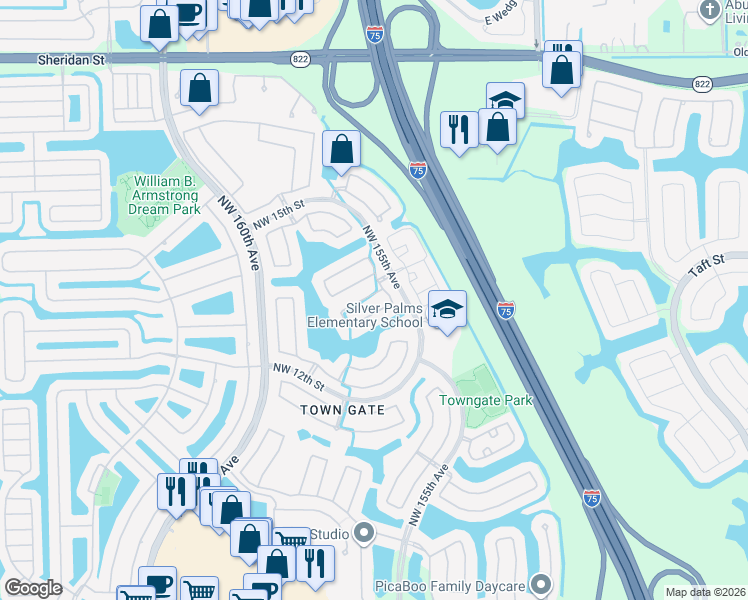 map of restaurants, bars, coffee shops, grocery stores, and more near 15609 Northwest 12th Road in Pembroke Pines