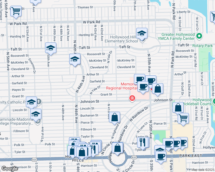 map of restaurants, bars, coffee shops, grocery stores, and more near 4105 Hayes Street in Hollywood