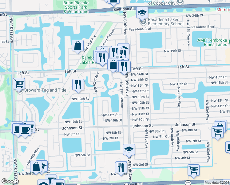 map of restaurants, bars, coffee shops, grocery stores, and more near 8958 Palm Tree Lane in Pembroke Pines