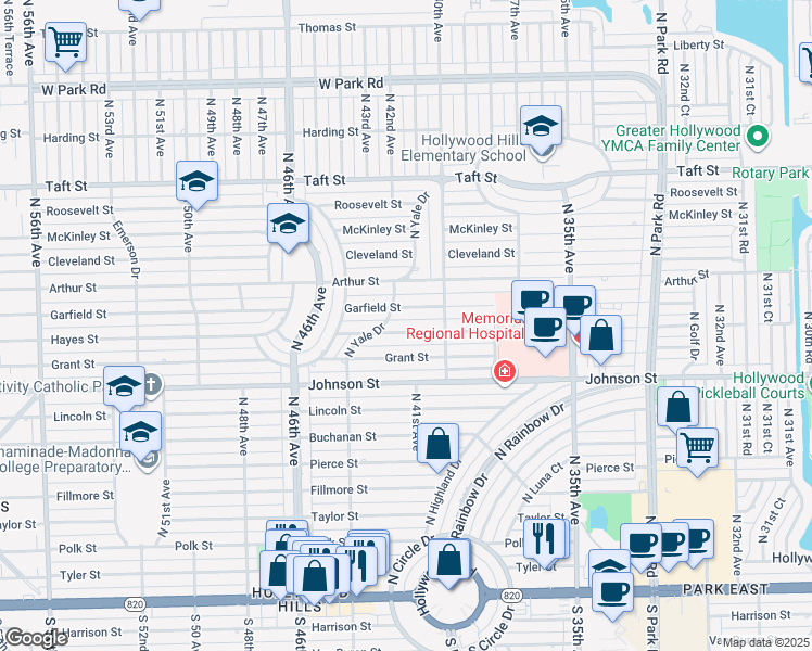 map of restaurants, bars, coffee shops, grocery stores, and more near 4112 Garfield Street in Hollywood