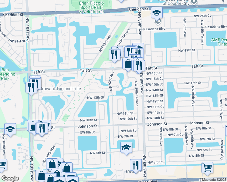 map of restaurants, bars, coffee shops, grocery stores, and more near 551 Lime Tree Lane in Pembroke Pines