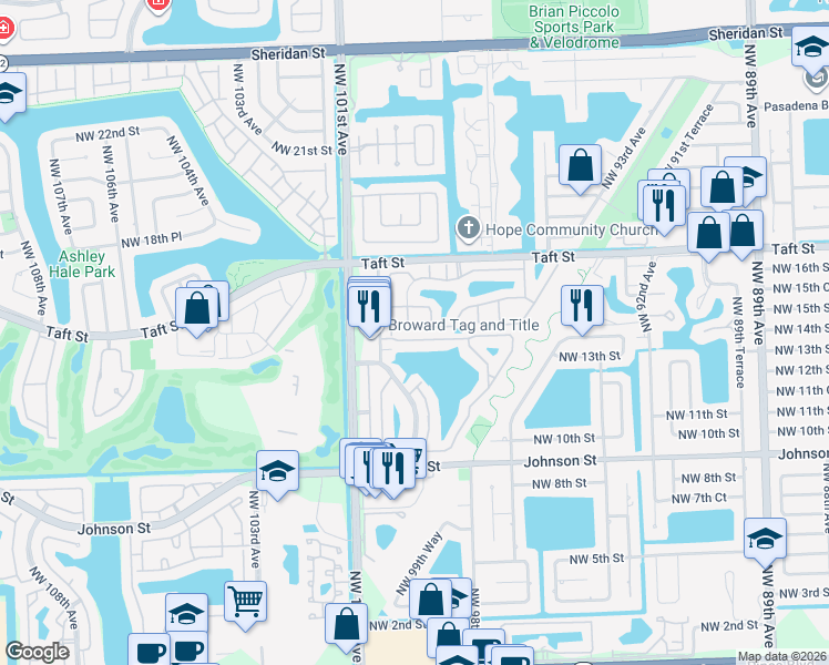 map of restaurants, bars, coffee shops, grocery stores, and more near 1531 Northwest 98th Avenue in Pembroke Pines