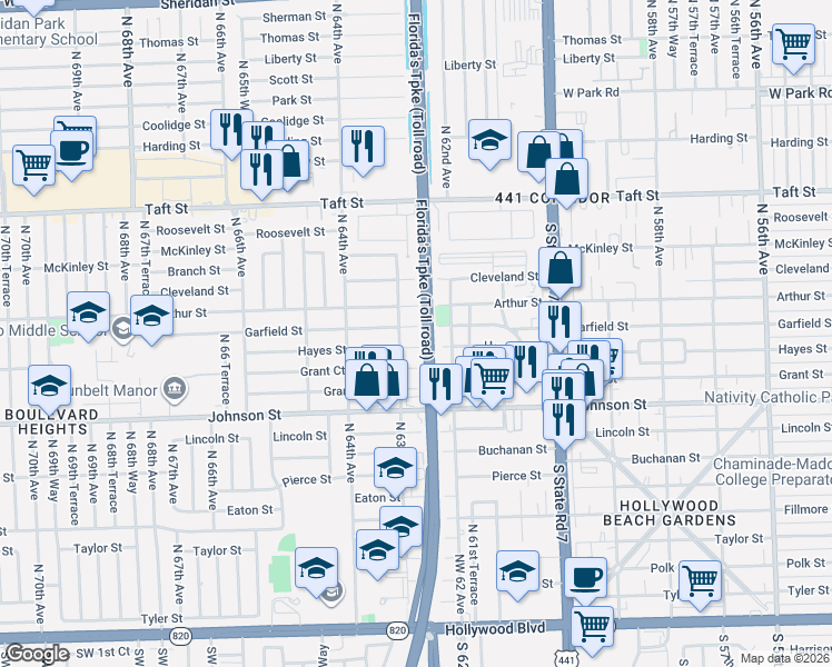 map of restaurants, bars, coffee shops, grocery stores, and more near 1203 North 63rd Avenue in Hollywood