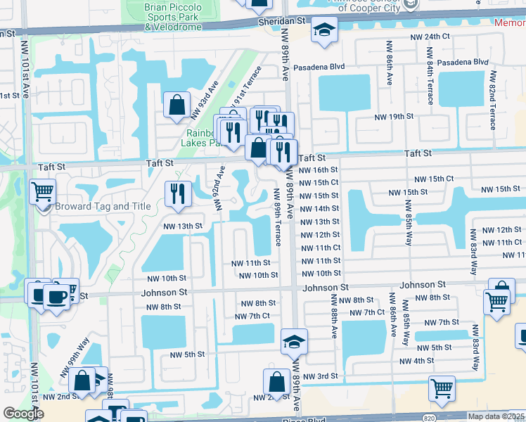 map of restaurants, bars, coffee shops, grocery stores, and more near 8958 Palm Tree Lane in Pembroke Pines