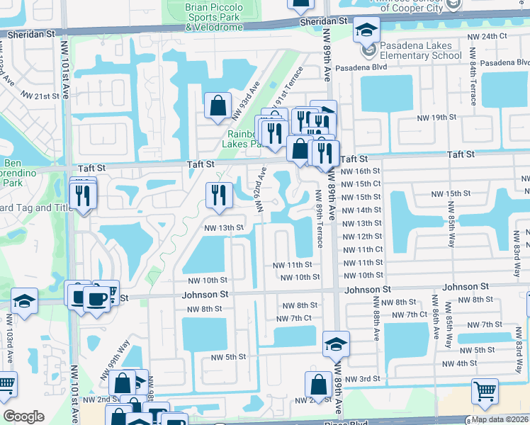 map of restaurants, bars, coffee shops, grocery stores, and more near 551 Lime Tree Lane in Pembroke Pines