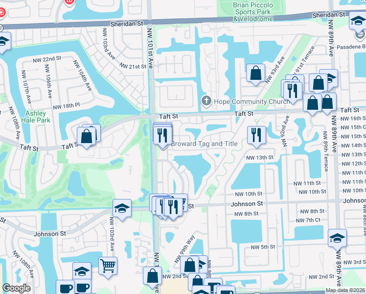map of restaurants, bars, coffee shops, grocery stores, and more near 1531 Northwest 98th Avenue in Pembroke Pines