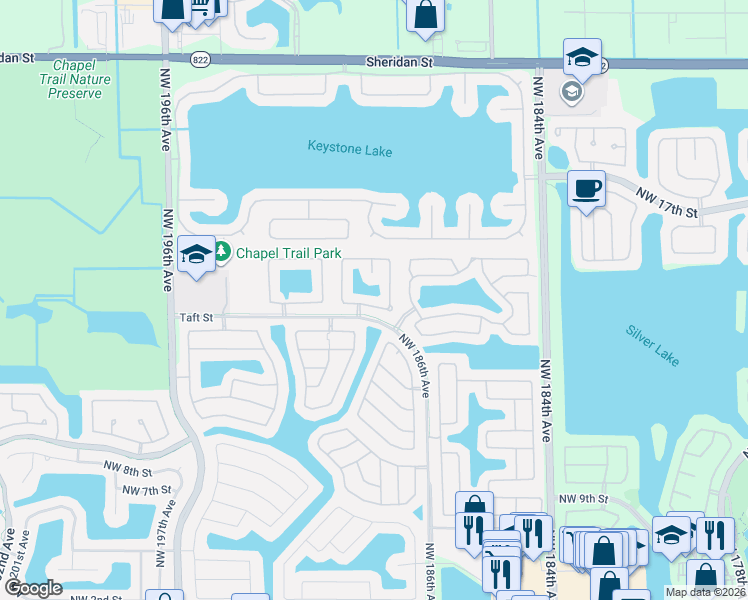 map of restaurants, bars, coffee shops, grocery stores, and more near 1980 Northwest 188th Avenue in Pembroke Pines