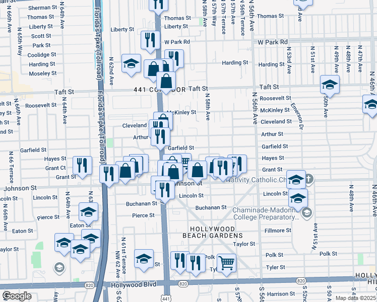 map of restaurants, bars, coffee shops, grocery stores, and more near 5856 Garfield Street in Hollywood