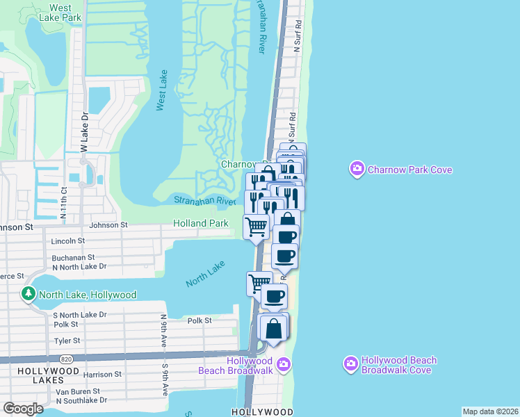 map of restaurants, bars, coffee shops, grocery stores, and more near 334 Grant Street in Hollywood