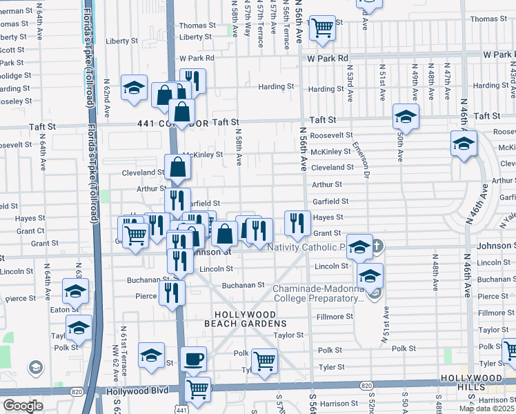 map of restaurants, bars, coffee shops, grocery stores, and more near 5726 Garfield Street in Hollywood