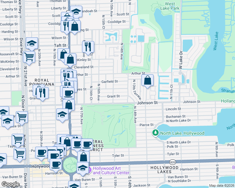 map of restaurants, bars, coffee shops, grocery stores, and more near 1415 Grant Street in Hollywood