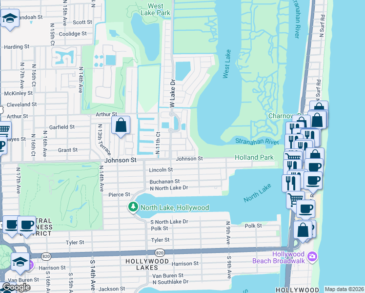 map of restaurants, bars, coffee shops, grocery stores, and more near 1041 Satinleaf Street in Hollywood