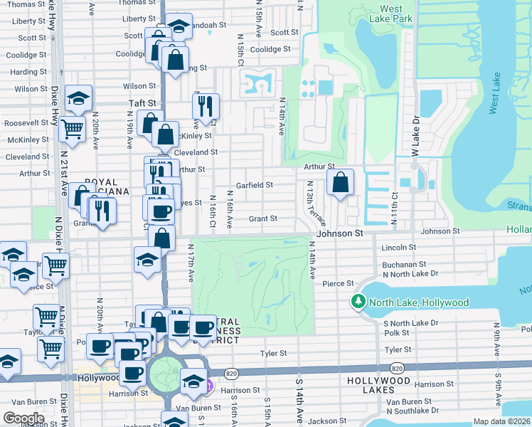 map of restaurants, bars, coffee shops, grocery stores, and more near 1500 Hayes Street in Hollywood