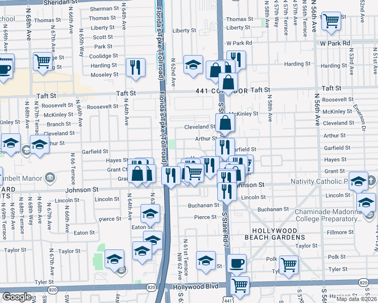 map of restaurants, bars, coffee shops, grocery stores, and more near 6129 Garfield Street in Hollywood
