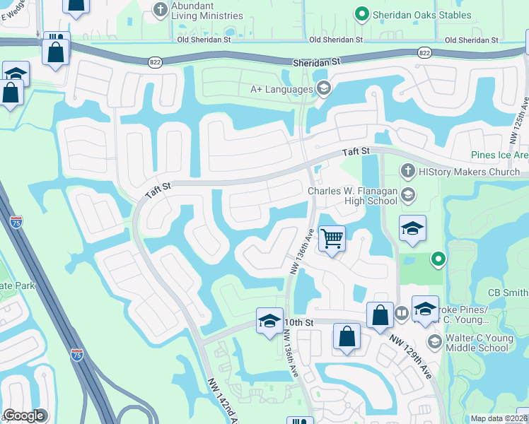 map of restaurants, bars, coffee shops, grocery stores, and more near 1431 Northwest 138th Way in Pembroke Pines