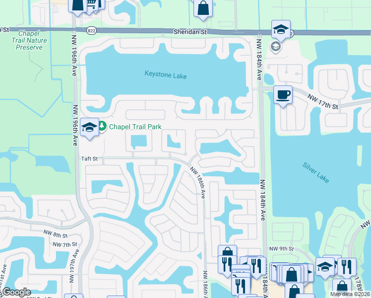 map of restaurants, bars, coffee shops, grocery stores, and more near 1980 Northwest 188th Avenue in Pembroke Pines