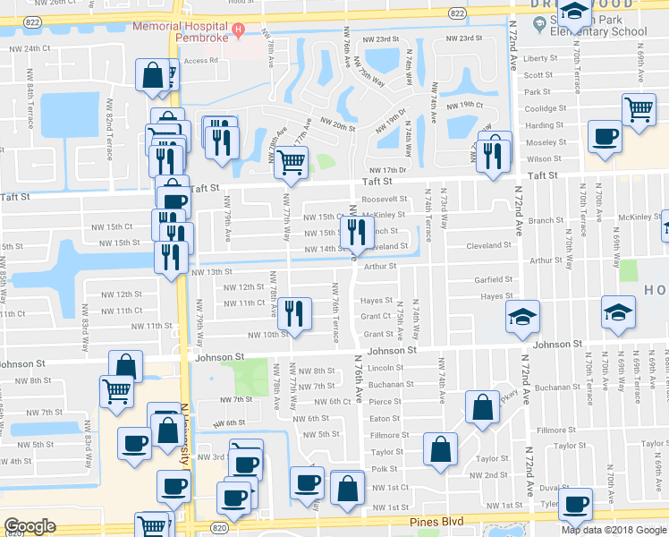 map of restaurants, bars, coffee shops, grocery stores, and more near 1299 Northwest 76th Terrace in Hollywood
