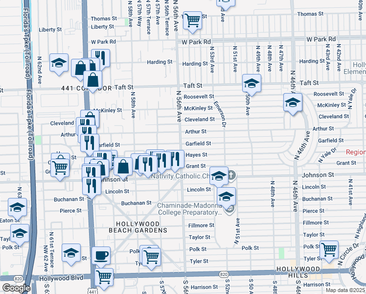 map of restaurants, bars, coffee shops, grocery stores, and more near 5501 Garfield Street in Hollywood