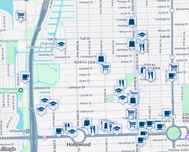 map of restaurants, bars, coffee shops, grocery stores, and more near 2456 Hayes Street in Hollywood