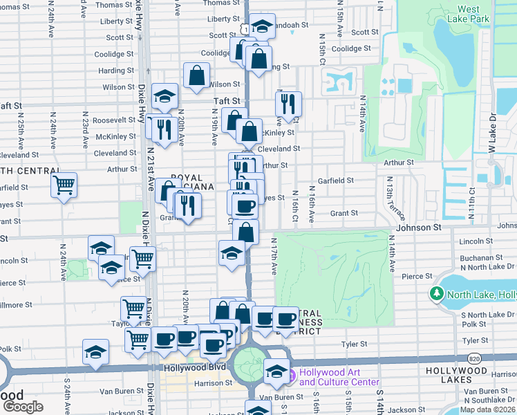 map of restaurants, bars, coffee shops, grocery stores, and more near 1025 North 17th Court in Hollywood