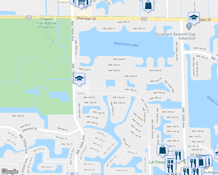 map of restaurants, bars, coffee shops, grocery stores, and more near 19199 Northwest 19th Street in Pembroke Pines