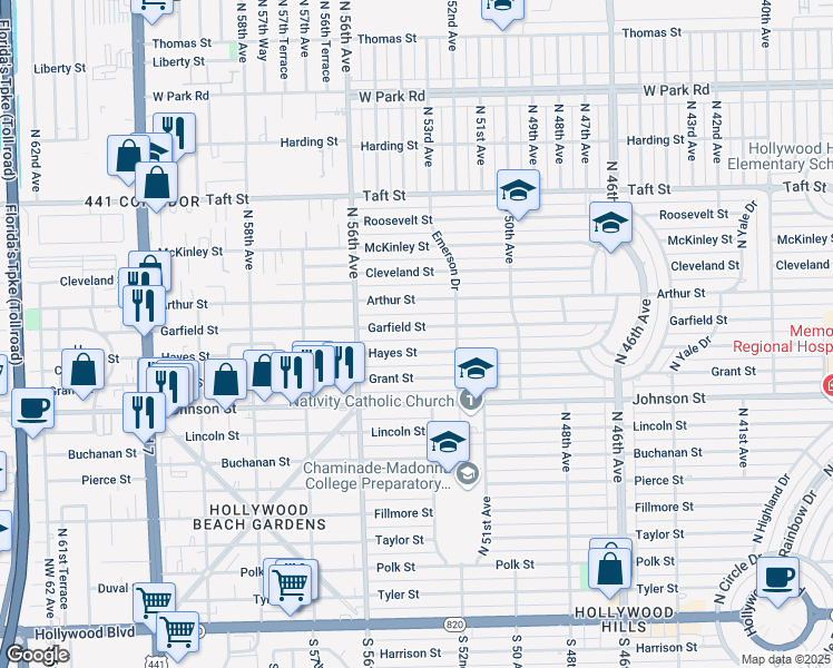 map of restaurants, bars, coffee shops, grocery stores, and more near 5318 Garfield Street in Hollywood