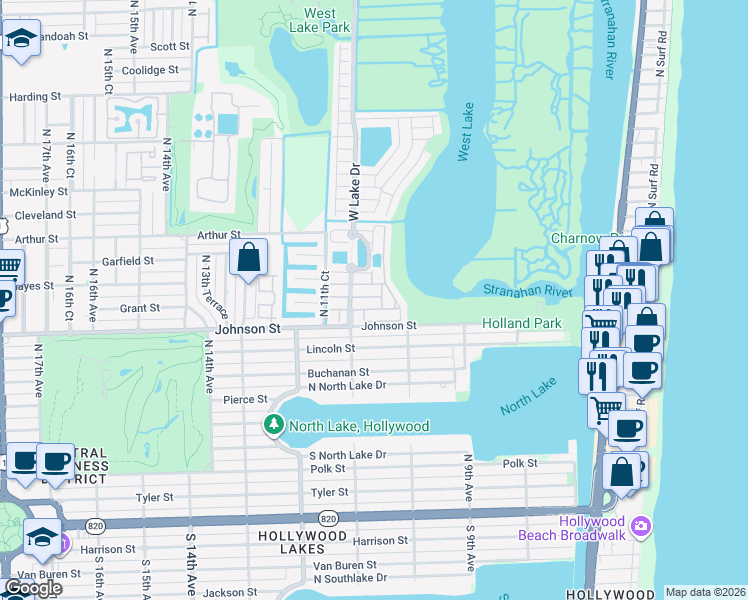 map of restaurants, bars, coffee shops, grocery stores, and more near 1041 Satinleaf Street in Hollywood