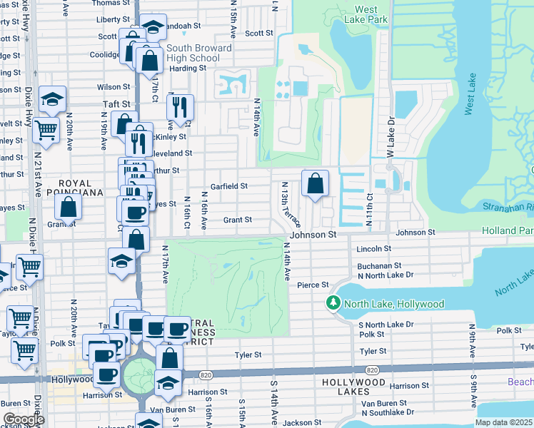 map of restaurants, bars, coffee shops, grocery stores, and more near 1415 Grant Street in Hollywood