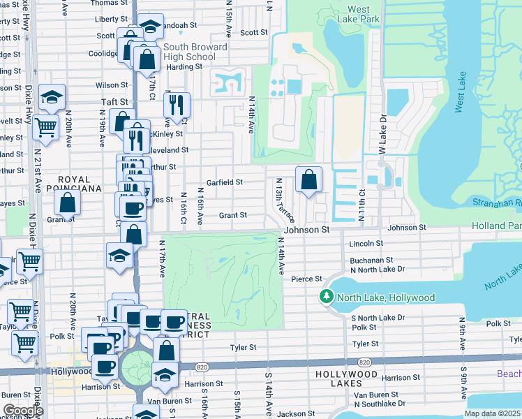 map of restaurants, bars, coffee shops, grocery stores, and more near 1415 Grant Street in Hollywood