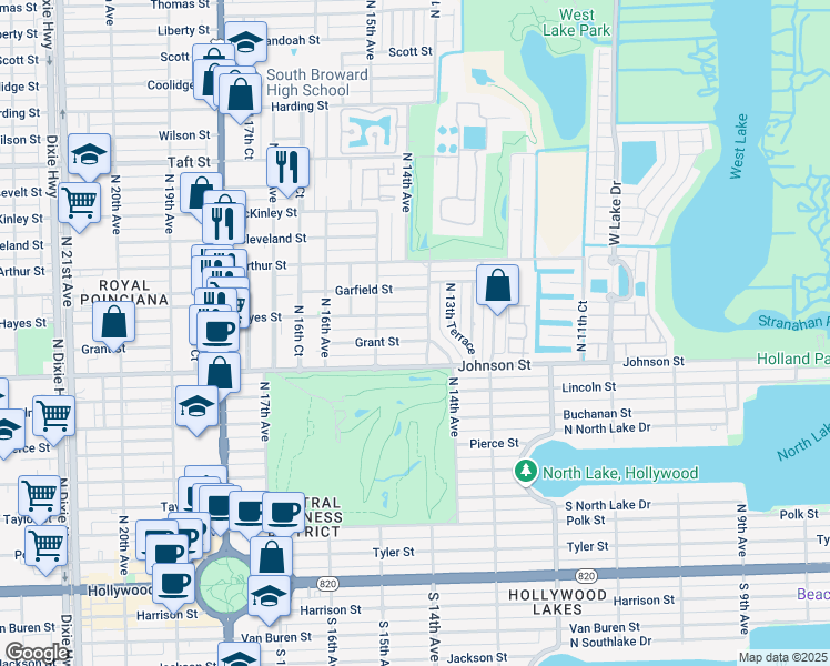 map of restaurants, bars, coffee shops, grocery stores, and more near 1415 Grant Street in Hollywood