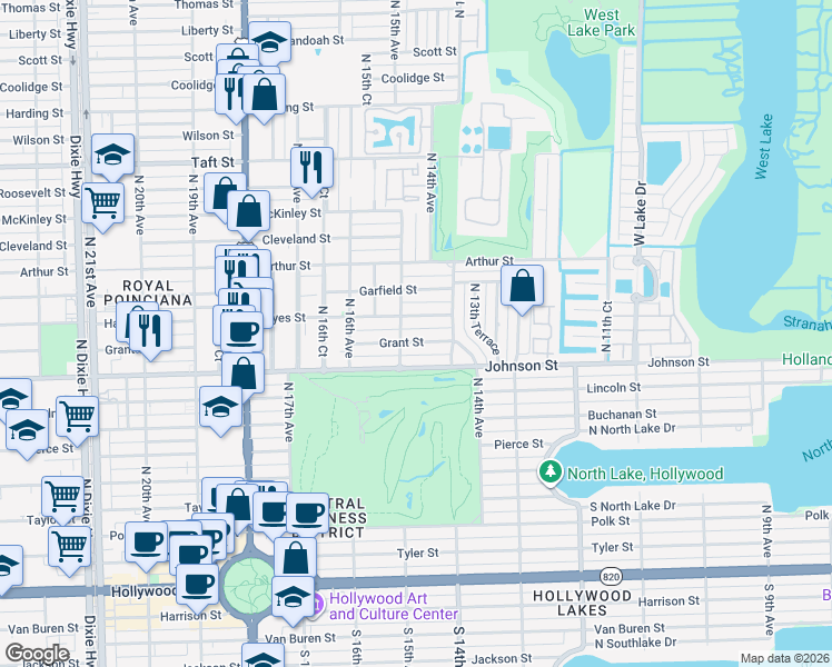 map of restaurants, bars, coffee shops, grocery stores, and more near 1415 Grant Street in Hollywood