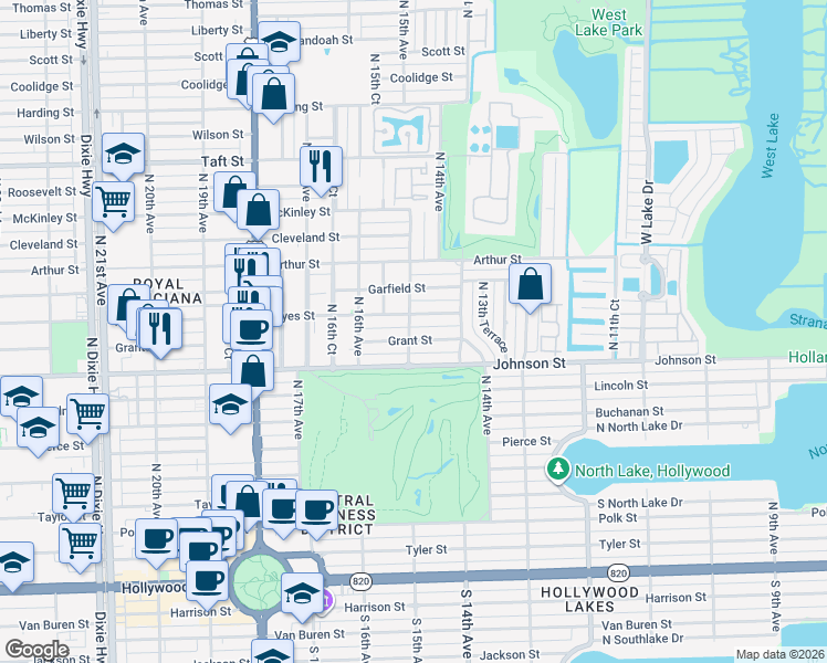 map of restaurants, bars, coffee shops, grocery stores, and more near 1500 Hayes Street in Hollywood