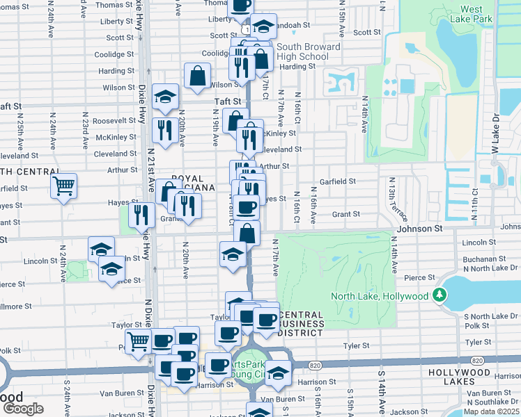 map of restaurants, bars, coffee shops, grocery stores, and more near 1025 North 17th Court in Hollywood