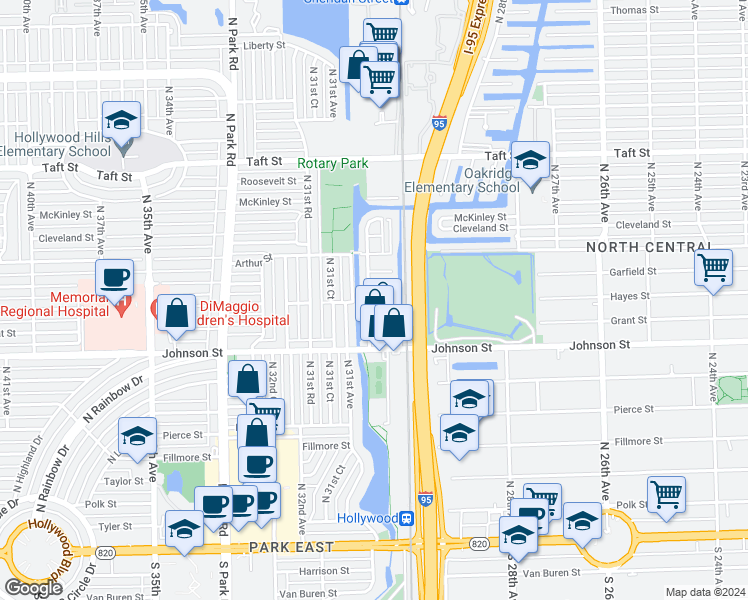 map of restaurants, bars, coffee shops, grocery stores, and more near 3046 Hayes Street in Hollywood