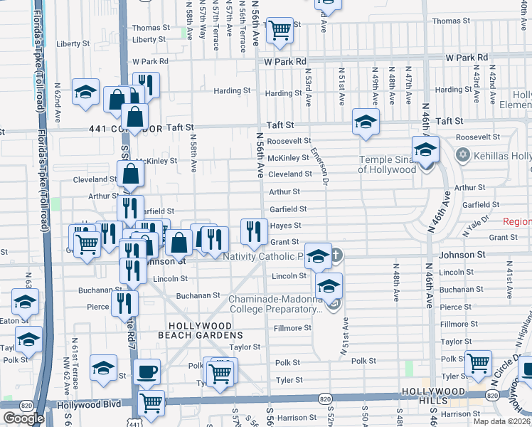 map of restaurants, bars, coffee shops, grocery stores, and more near 5501 Garfield Street in Hollywood