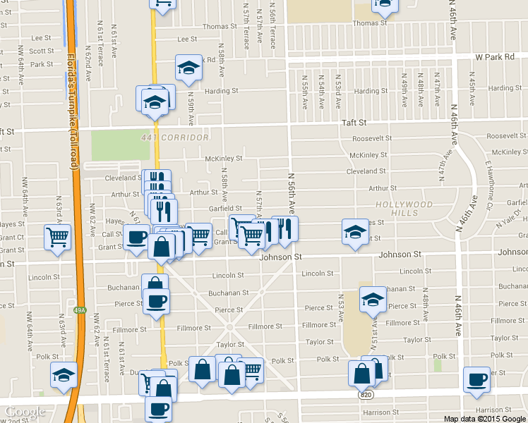 map of restaurants, bars, coffee shops, grocery stores, and more near 5701 Garfield Street in Hollywood