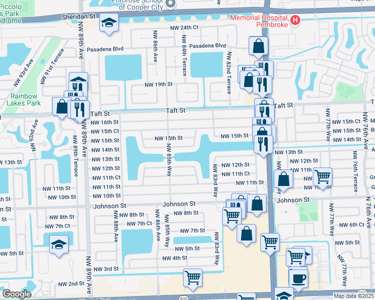 map of restaurants, bars, coffee shops, grocery stores, and more near 8480 Northwest 14th Street in Pembroke Pines