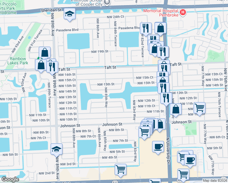 map of restaurants, bars, coffee shops, grocery stores, and more near 8480 Northwest 14th Street in Pembroke Pines