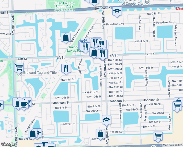 map of restaurants, bars, coffee shops, grocery stores, and more near 8958 Palm Tree Lane in Pembroke Pines