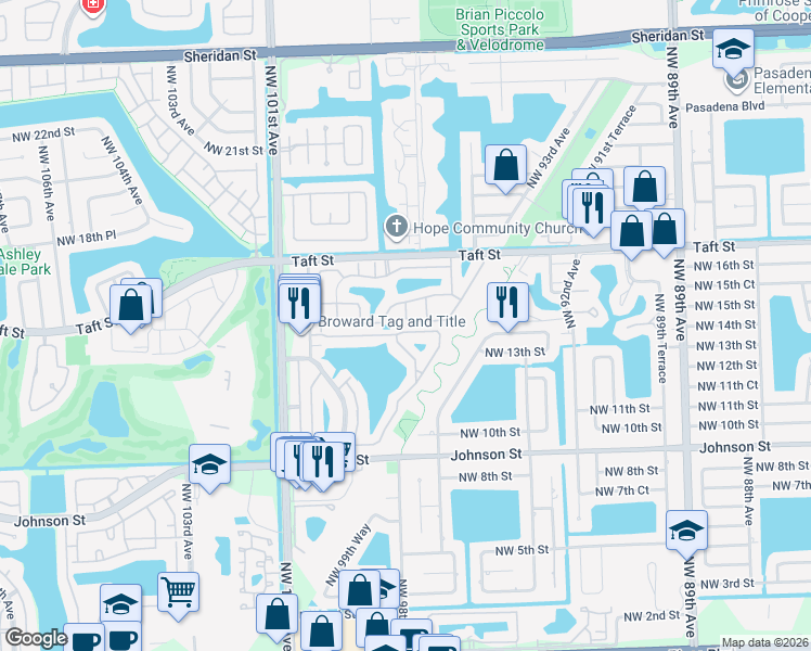 map of restaurants, bars, coffee shops, grocery stores, and more near 1540 Northwest 97th Avenue in Pembroke Pines