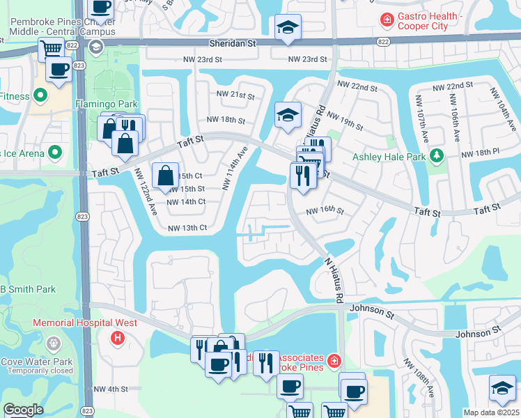 map of restaurants, bars, coffee shops, grocery stores, and more near 11300 Northwest 16th Street in Pembroke Pines