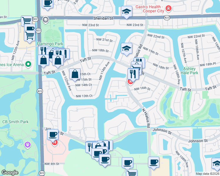 map of restaurants, bars, coffee shops, grocery stores, and more near 1588 Northwest 113th Way in Pembroke Pines