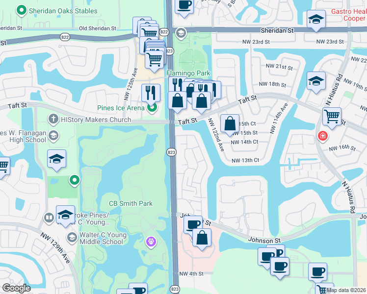 map of restaurants, bars, coffee shops, grocery stores, and more near 12386 Northwest 14th Court in Pembroke Pines
